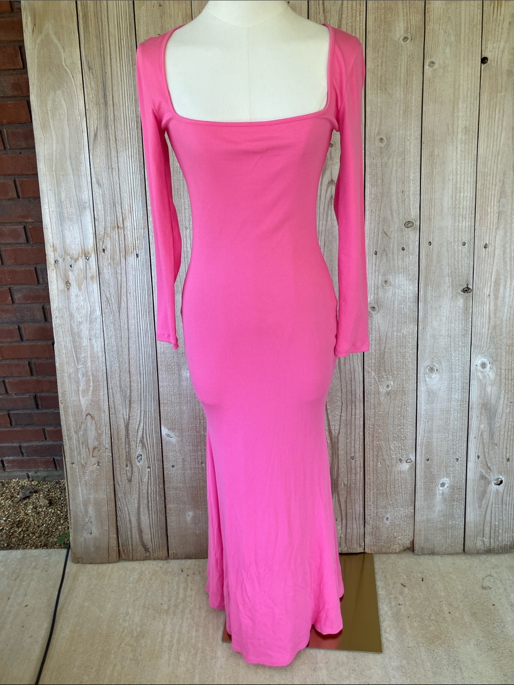 Long Sleeve Square Neck Maxi Dress in Hot Pink